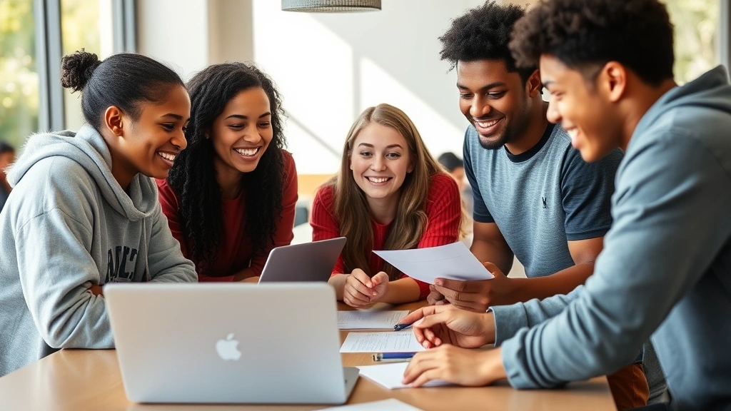 A diverse group of teenagers collaborating around a table with laptops and papers, genuine smiles, engaged in discussion, natural lighting, collaborative energy