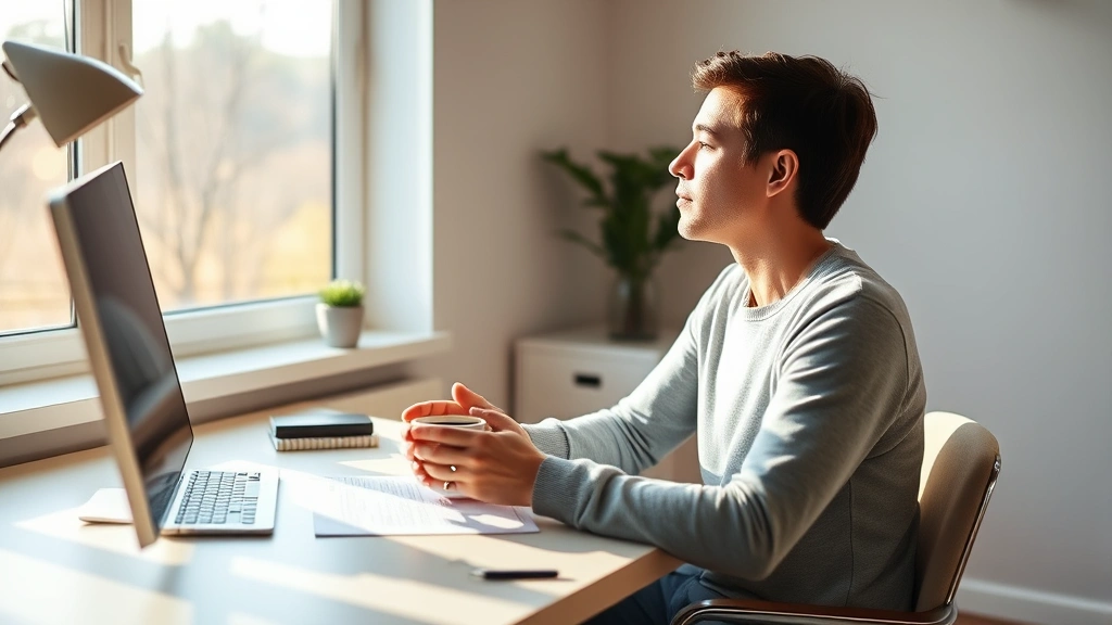 Person sitting at a minimalist desk in morning sunlight, hands holding a cup of coffee, looking out a window with focused expression, peaceful home office environment