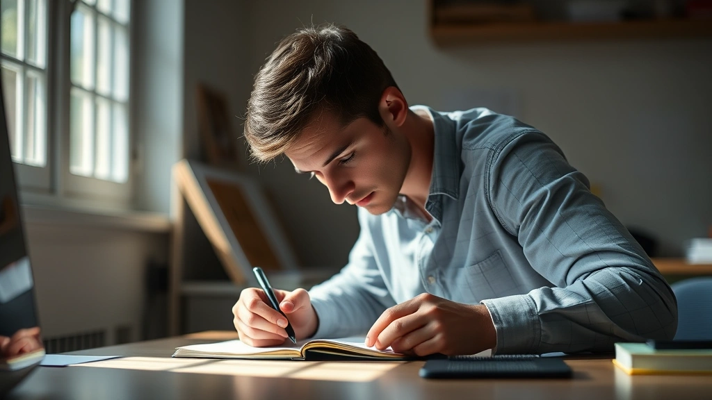 Individual in deep concentration at a desk with notebook and pen, natural light streaming in, single focused task visible, no distractions around workspace, serene concentration