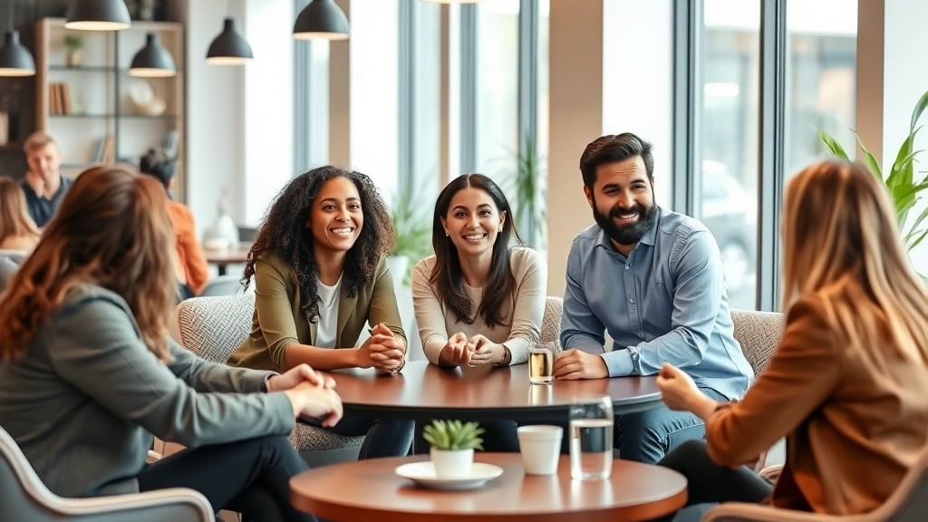 Group of diverse professionals in genuine conversation at a coffee table, engaged body language, natural interaction, modern casual setting, authentic connection between people