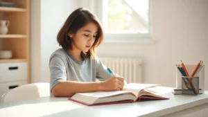 A teenage student sitting at a desk in a bright, minimalist room, deeply focused on studying with an open notebook and pen, natural morning light streaming through a window, peaceful and concentrated expression