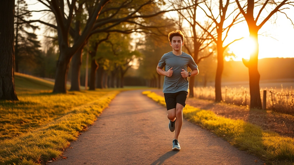 A teenager jogging outdoors on a tree-lined path during golden hour, athletic movement captured mid-stride, natural landscape background, healthy and energized appearance
