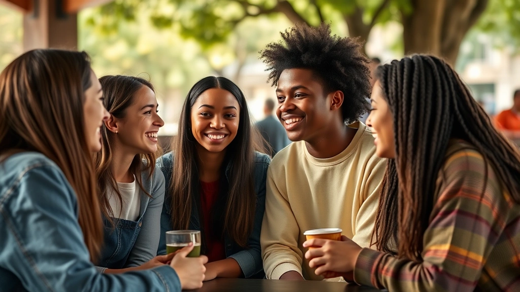 A group of diverse teenagers having a genuine conversation in a coffee shop or park setting, smiling and engaged with each other, warm natural lighting, authentic social connection