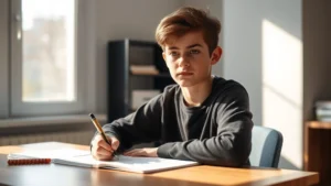 Teenage student sitting at desk with focused concentration, natural window light, minimalist study environment, calm and determined expression, no devices visible, clean workspace