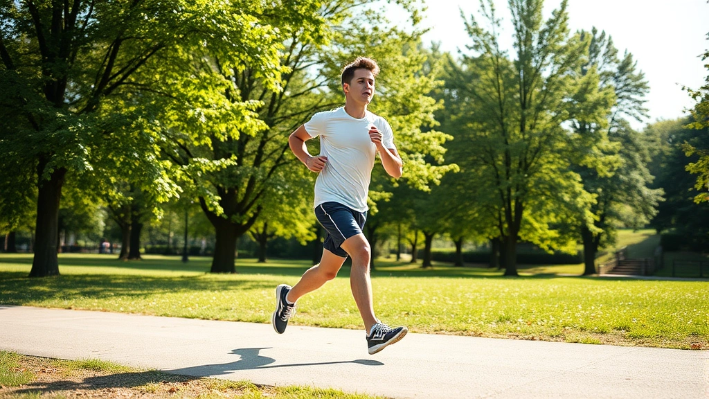Young person jogging or running outdoors through a park, dynamic motion, natural sunlight, energetic posture, green trees in background, active movement captured mid-stride