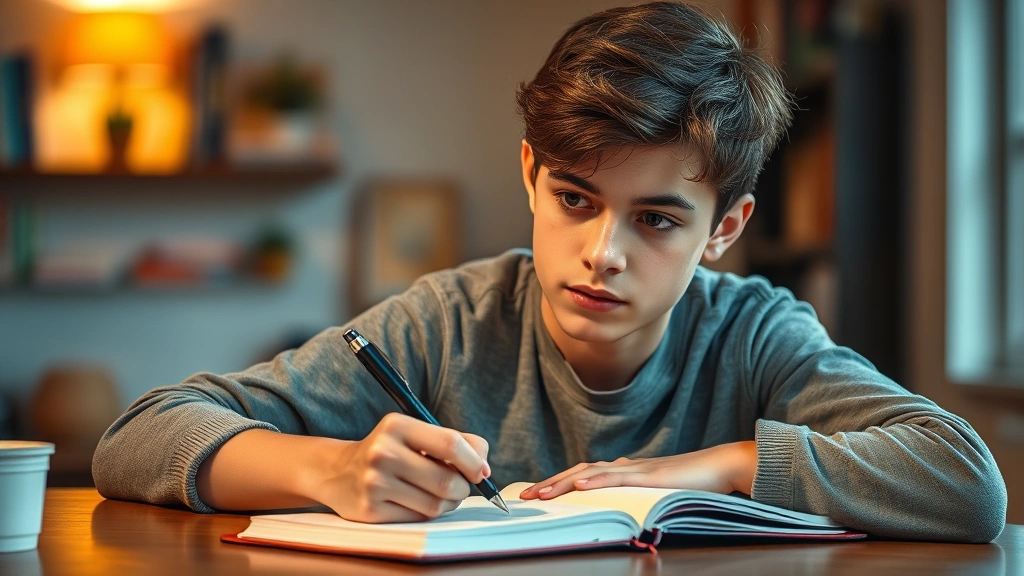 Teenager writing in journal with pen, thoughtful expression, warm indoor lighting, notebook and pen on desk, reflective pose, peaceful atmosphere, personal growth symbolism