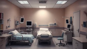 A calm psychiatric hospital room with soft lighting, comfortable furniture, and medical monitoring equipment visible but not prominent, conveying safety and care without institutional harshness