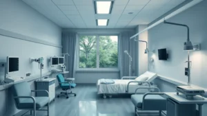 A serene, modern hospital room with soft lighting, comfortable furniture, and a large window showing nature outside. Calming blues and greens dominate the space. Medical monitoring equipment is subtly visible but not prominent.