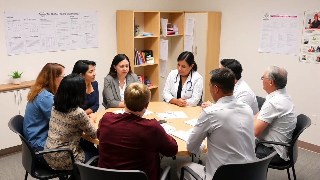 A diverse group of professionals in a clinical setting engaged in a supportive discussion around a table with medical charts and wellness resources, representing mental health collaboration and treatment planning.