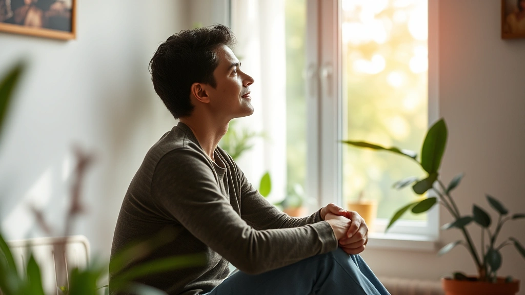 A person sitting peacefully in a therapeutic environment, looking out a window with hope and calm expression, surrounded by natural elements like plants and soft natural light, symbolizing recovery and stabilization.