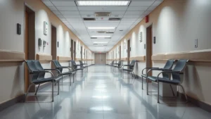 A serene hospital corridor with soft lighting, empty chairs, and calm neutral tones suggesting safety and professional care during mental health crisis