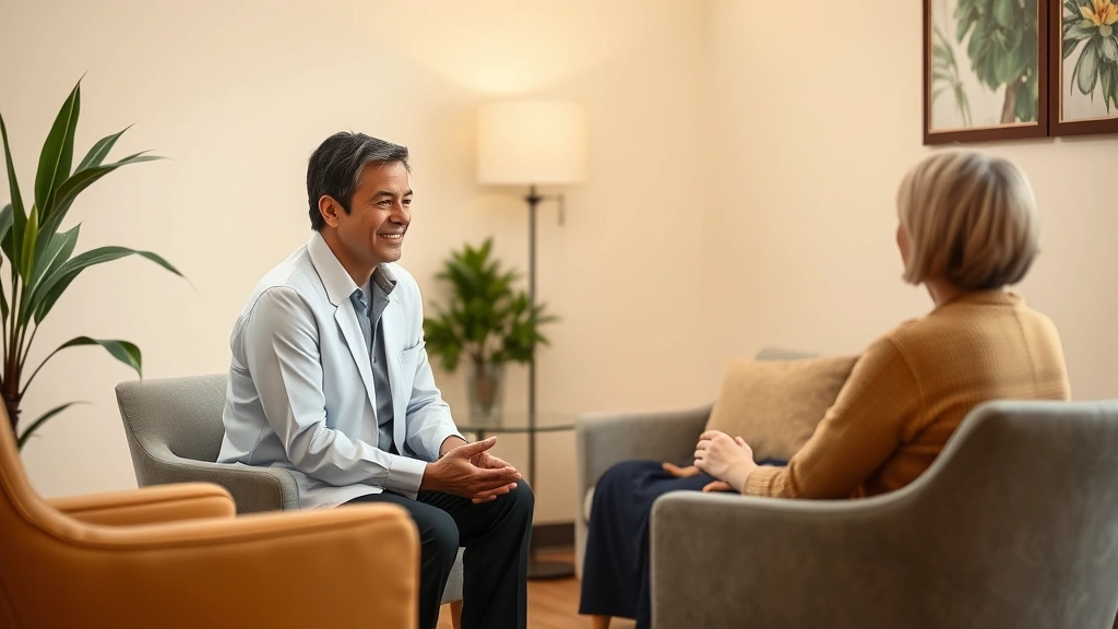 A compassionate therapist or counselor sitting across from a patient in a warm, private consultation room with natural light and comfortable furniture
