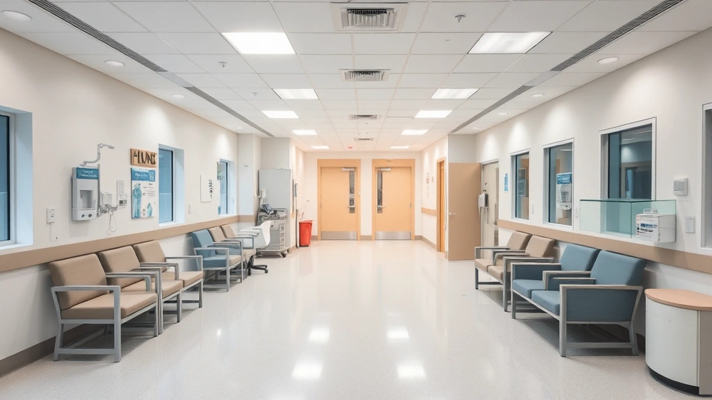 Peaceful hospital psychiatric unit interior with soft lighting, comfortable seating areas, and calming neutral colors, showing a safe clinical environment without any text or signage visible