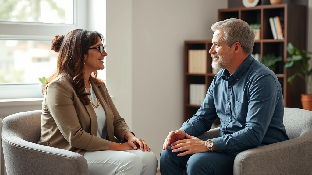 Professional mental health counselor in consultation with patient in calm office setting, both seated comfortably, natural window lighting, showing supportive therapeutic interaction