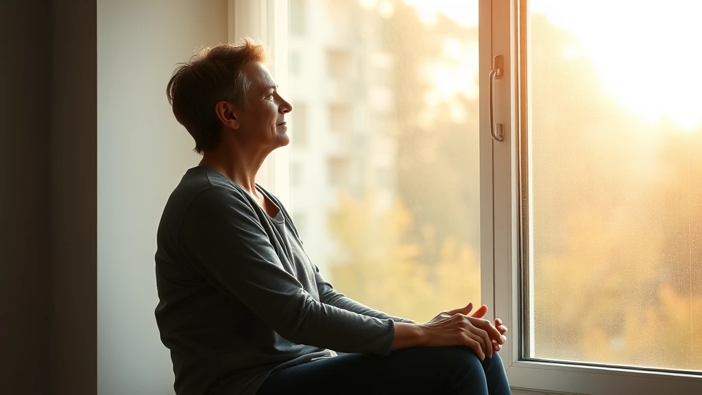 Person sitting peacefully by a window in morning light, looking reflective and calm, hands resting, suggesting recovery and mental clarity after crisis, no medical equipment visible