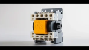 Close-up of a high-performance 12-volt plastic DC contactor showing metallic contact points and coil assembly, photographed against a neutral background with professional lighting highlighting the component's details