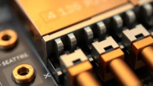 Close-up of precision electrical contacts with metallic surfaces, showing fine detail of contact geometry and alignment, photorealistic style