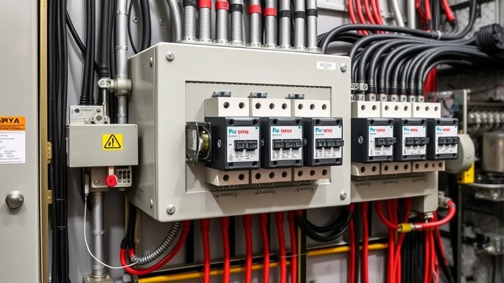Industrial electrical system with multiple contactors mounted on a control panel, showing proper installation spacing and ventilation around the components in a technical workshop setting