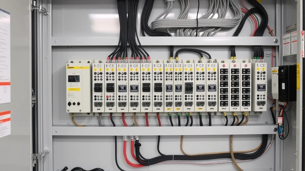 Industrial electrical panel with multiple switching components mounted, showing professional installation setup with clean wiring and organized layout