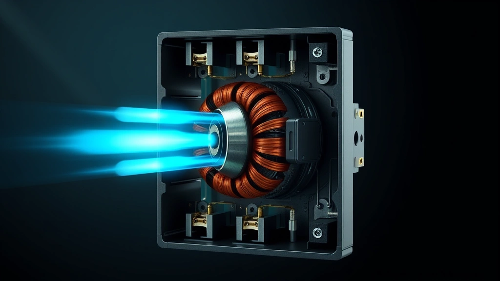 Cross-section view of contactor internal mechanism showing electromagnet coil and contact assembly in action, photorealistic technical illustration