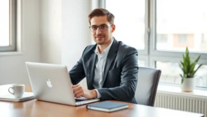 Professional individual in modern workspace with laptop, notebook, and coffee, sitting in perfect posture with calm focused expression, natural lighting through window, minimalist desk setup