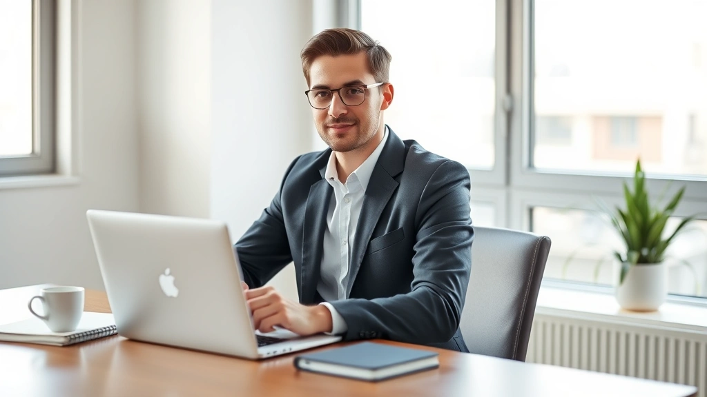 Professional individual in modern workspace with laptop, notebook, and coffee, sitting in perfect posture with calm focused expression, natural lighting through window, minimalist desk setup