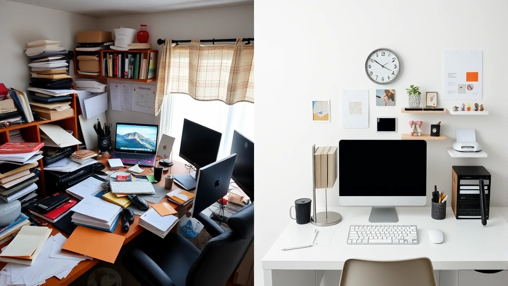 Split-screen comparison: left side shows cluttered chaotic desk with multiple distractions, right side shows organized clean workspace with clear focus area and essential items only