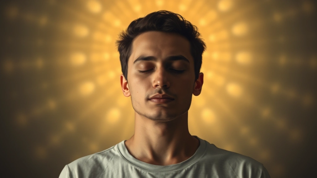 Person meditating or in deep concentration state with visible aura of calm focus, surrounded by soft ambient light, representing mental clarity and peak cognitive performance