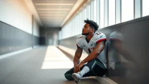 Professional athlete in quiet moment of reflection, sitting alone in stadium corridor, thoughtful expression, natural lighting, minimalist composition