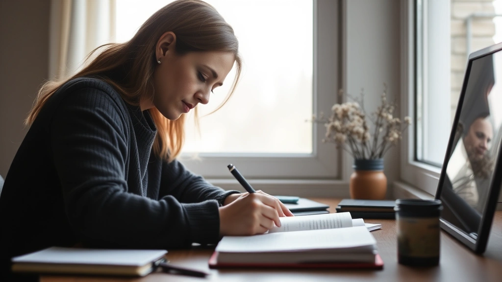 Person writing in journal at desk near window, pen in hand, peaceful focused demeanor, soft natural light, morning atmosphere