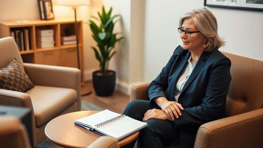 Mental health professional in consultation room with comfortable seating, open notebook, warm inviting space, professional yet approachable environment