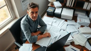 A person sitting at a desk surrounded by scattered medical documents and insurance forms, looking thoughtful and slightly overwhelmed, natural lighting from a window
