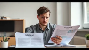 A person sitting at a desk looking frustrated while holding medical documents and insurance papers, soft natural lighting from a window, minimalist office setting