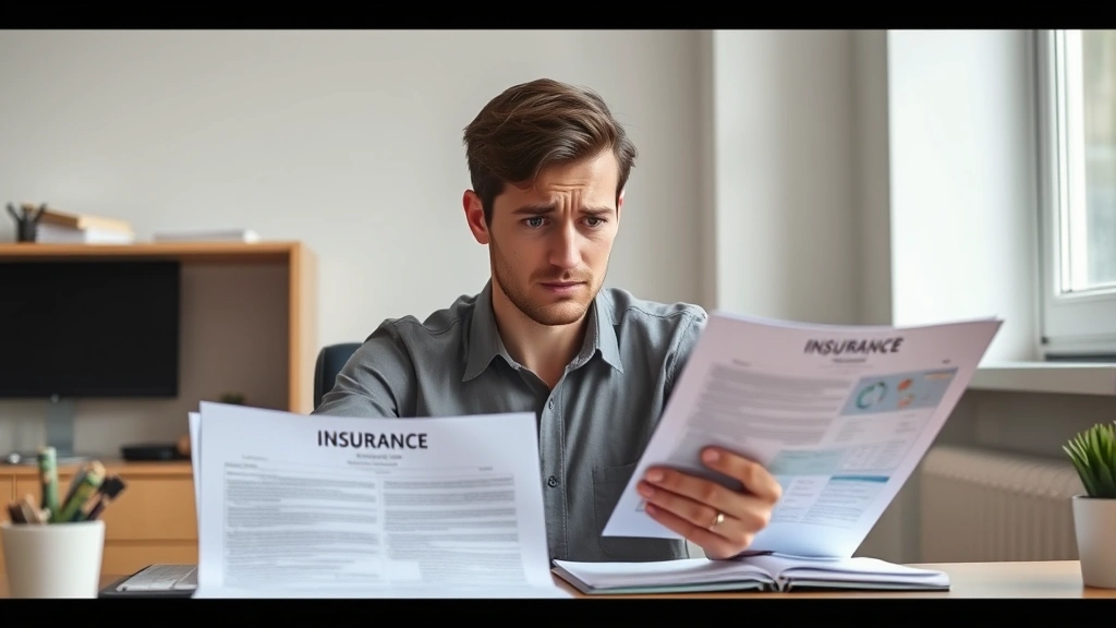 A person sitting at a desk looking frustrated while holding medical documents and insurance papers, soft natural lighting from a window, minimalist office setting