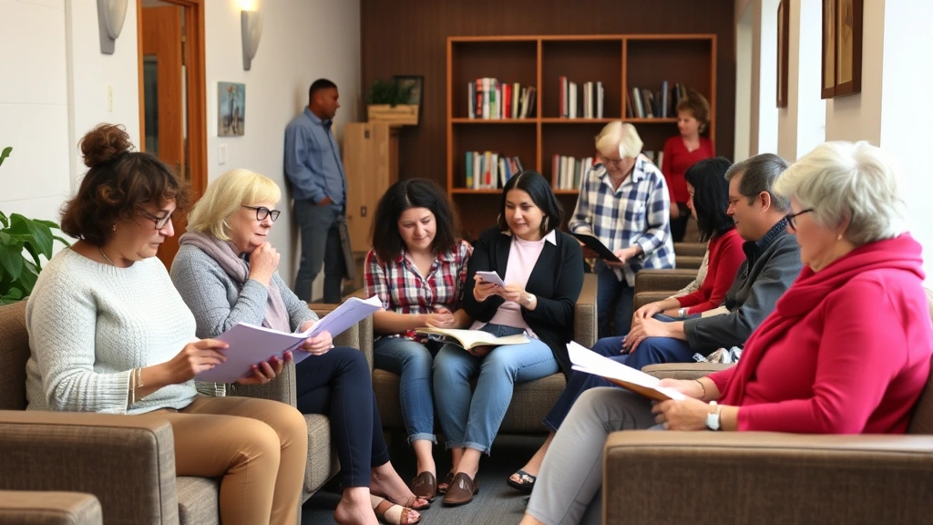 A diverse group of people in a comfortable waiting room setting, some reading, others conversing, warm and welcoming environment suggesting community support