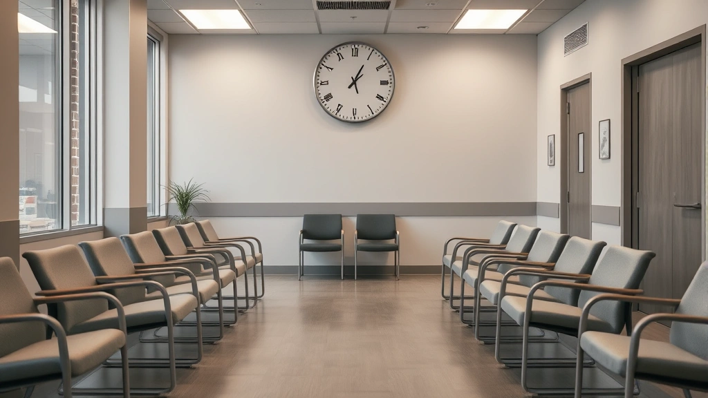 An empty waiting room with comfortable chairs and a clock on the wall showing late afternoon time, modern clinical aesthetic, muted colors