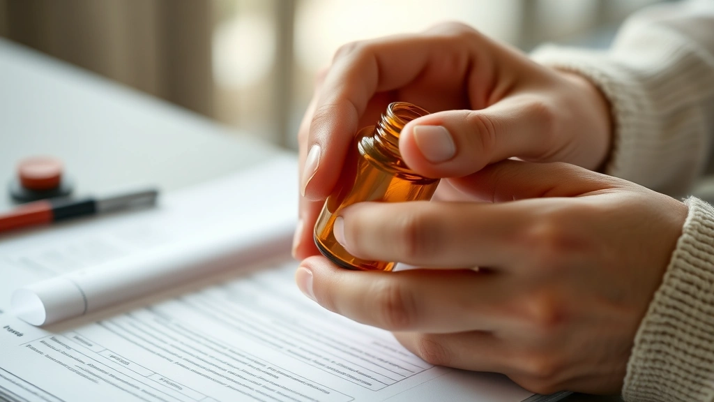 Close-up of hands holding a medication bottle while reviewing notes, showing careful attention to health management and personal wellness tracking
