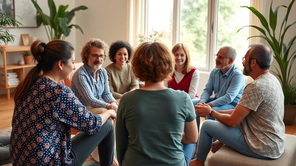 A diverse group of people in a support circle setting, sitting together in a peaceful environment with natural light, conveying connection and understanding
