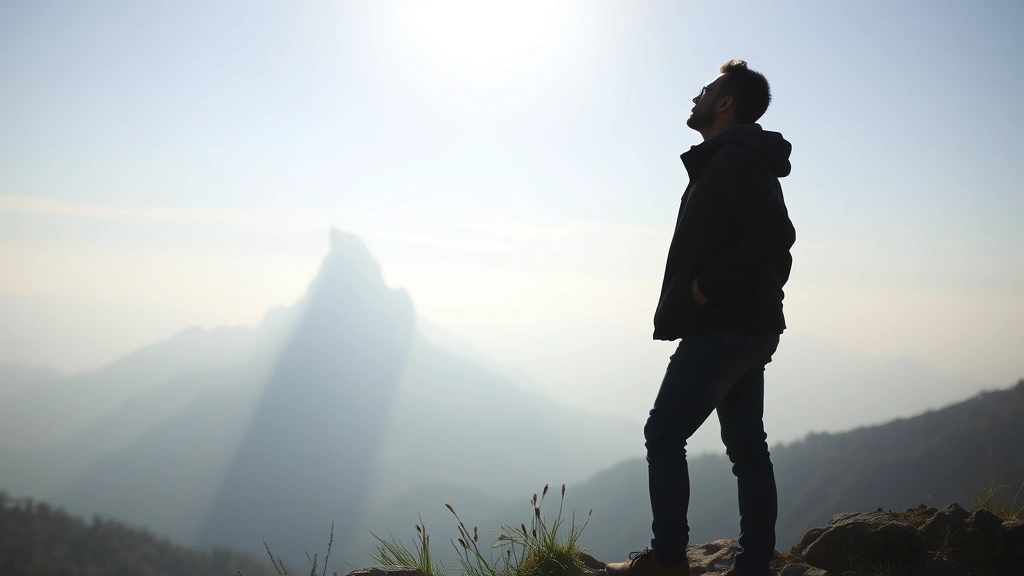 A person standing at the base of a mountain, looking upward with determination and calm confidence, misty peaks in the distance, morning light breaking through clouds, serene landscape background