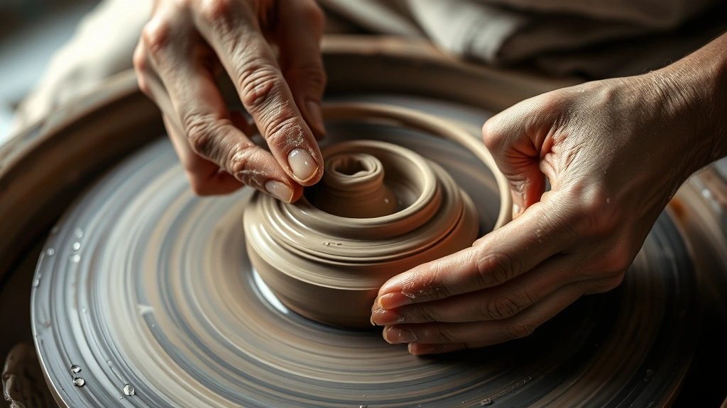 Close-up of hands working on a pottery wheel, clay being shaped and refined, water droplets catching light, showing transformation and careful craftsmanship in progress