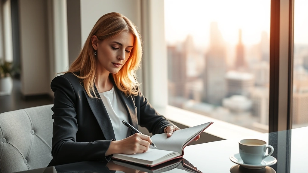 Professional woman in modern office writing in notebook with coffee cup nearby, window showing city skyline, thoughtful expression, natural afternoon light creating warm atmosphere