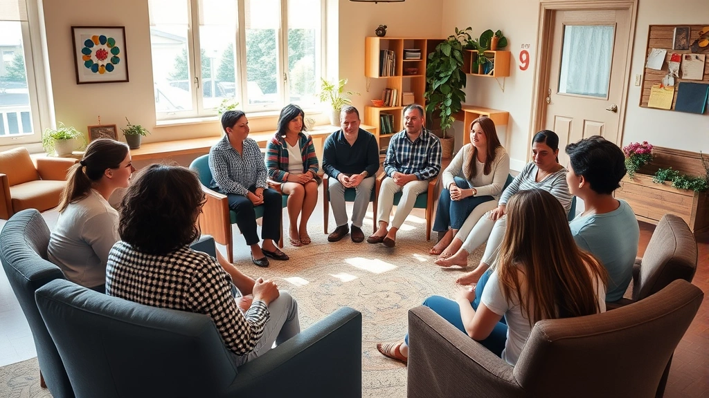Diverse group of people sitting in a circle during a support group session in a warm, welcoming community center with natural light and comfortable seating