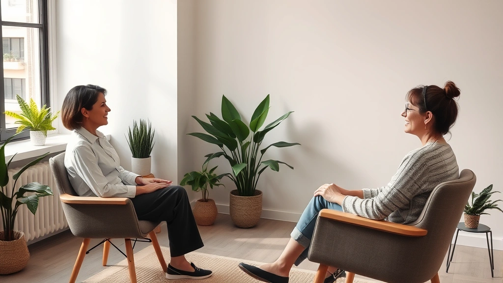 Professional therapist sitting across from a patient in a calm, minimalist office with plants, soft lighting, and an atmosphere of trust and openness