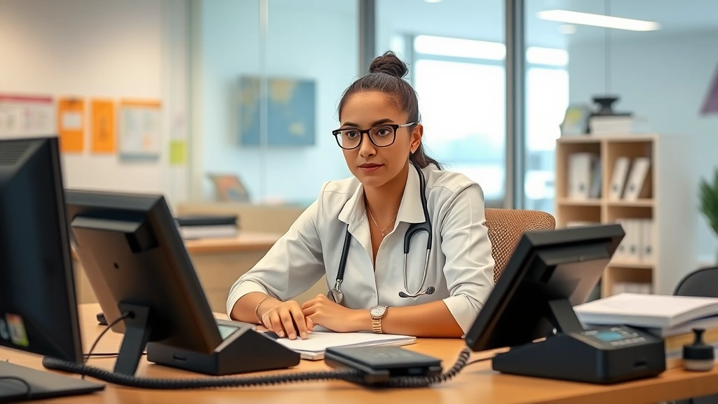 Emergency crisis counselor at a desk with multiple phone lines, calm and focused expression, modern mental health facility environment with supportive resources visible