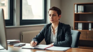 Person sitting at a desk with a notebook and pen, looking focused and determined, surrounded by soft natural light from a window, calm professional environment