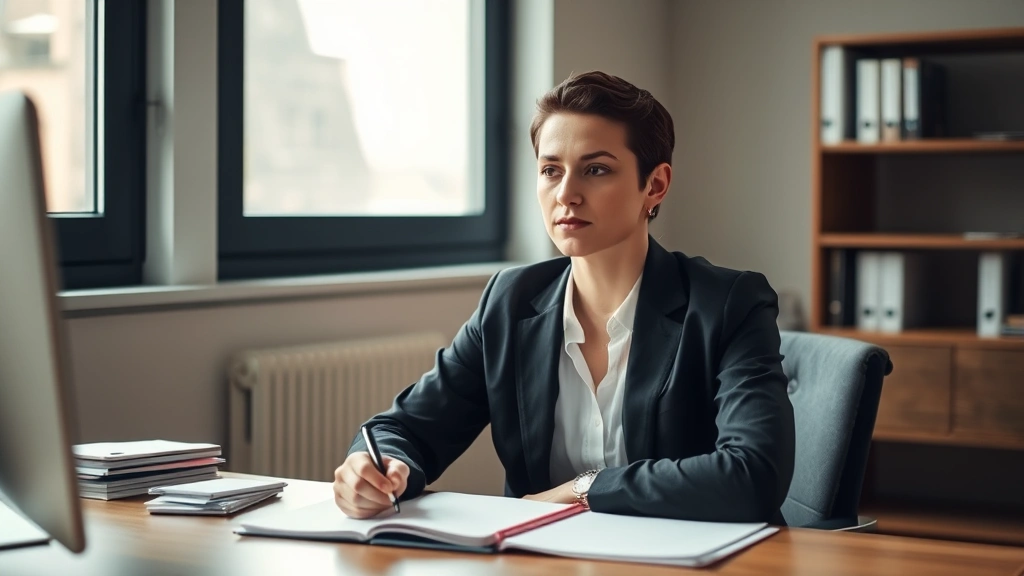 Person sitting at a desk with a notebook and pen, looking focused and determined, surrounded by soft natural light from a window, calm professional environment