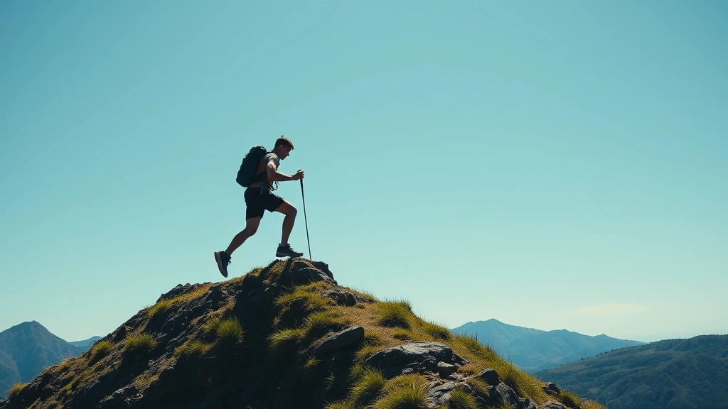 Individual climbing a mountain trail with a clear blue sky, showing determination and progress, natural landscape with greenery, sense of achievement and growth