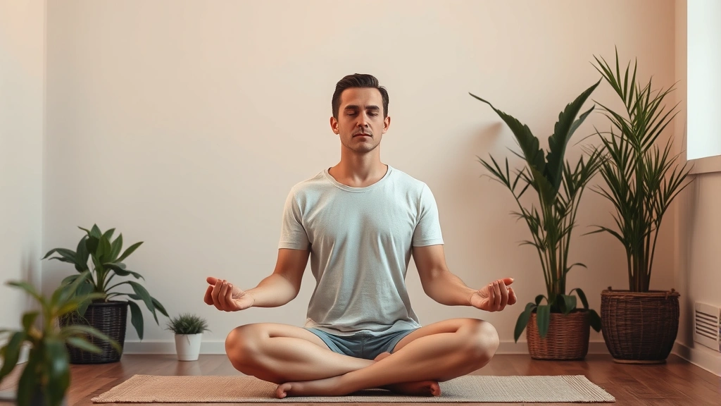 Person meditating peacefully in a minimalist room with plants, embodying calm and mental clarity, soft warm lighting, serene expression of balance and well-being