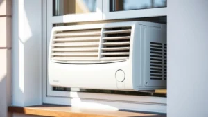Sleek modern window air conditioner unit mounted in a residential window, showing clean installation and proper sealing with sunlight streaming around it