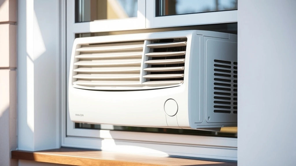 Sleek modern window air conditioner unit mounted in a residential window, showing clean installation and proper sealing with sunlight streaming around it